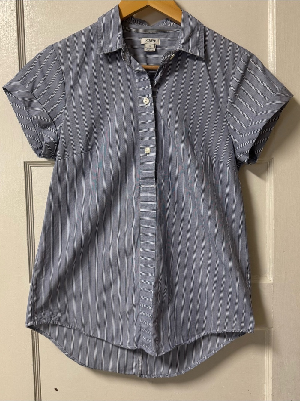 J. Crew Blue and White Striped Short Sleeve Button-Up Shirt 100% Cotton